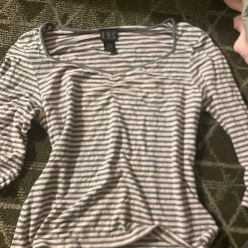 INC International Concepts Gray and White Striped Long Sleeve Top